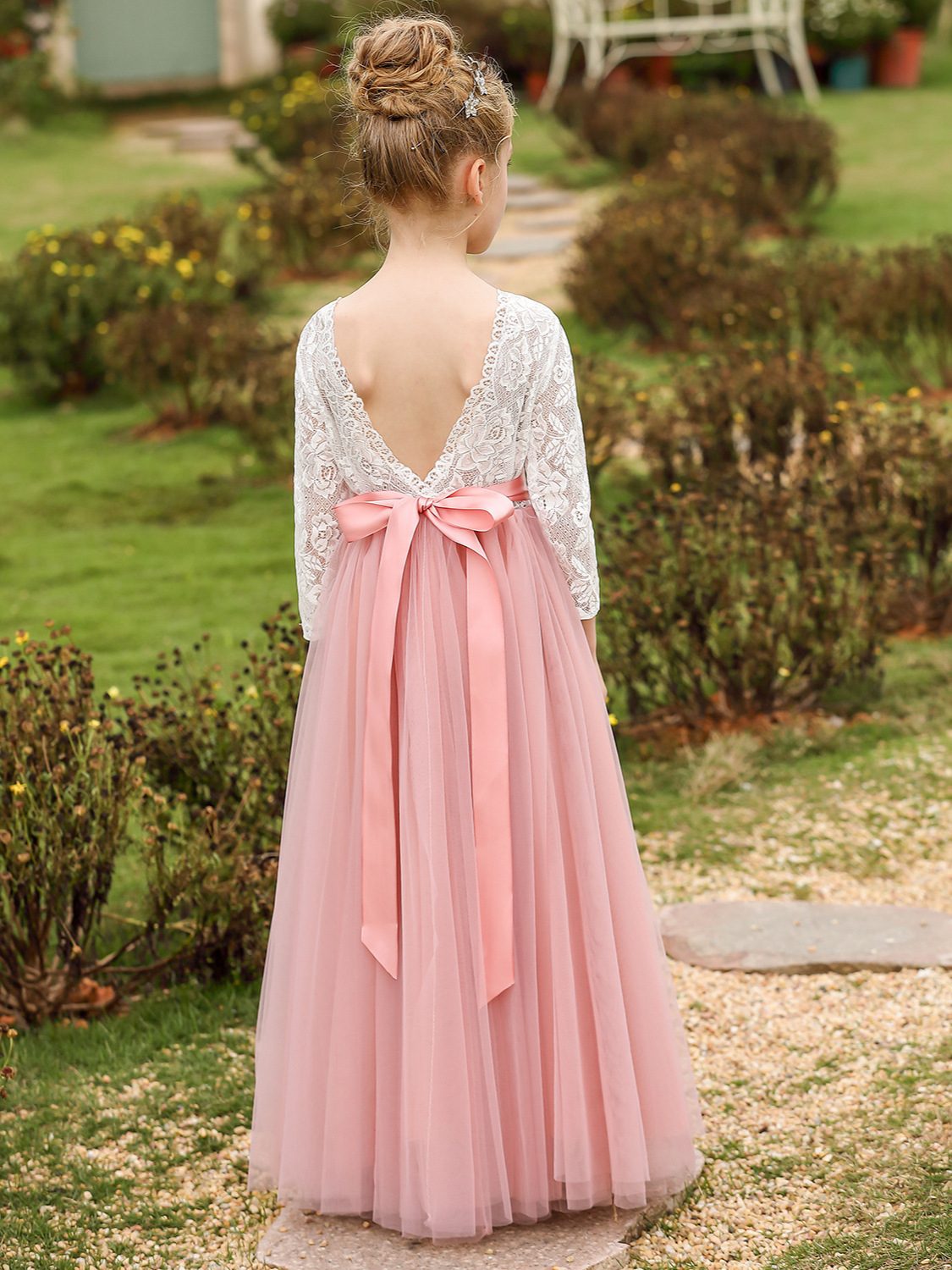 Nuevo vestido infantil europeo y americano, vestido de niña de las flores para bodas, vestido de encaje de manga larga para niñas, vestido de princesa para cumpleaños.