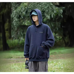 Spring 2024 American Letter Embroidered Waffley Hooded Sweater for Couple Lazy Loose Casual Hoodie Jacket for Men