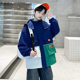 儿童装男童秋装风衣外套2024新款中大童男孩帅气炸街连帽上衣春秋