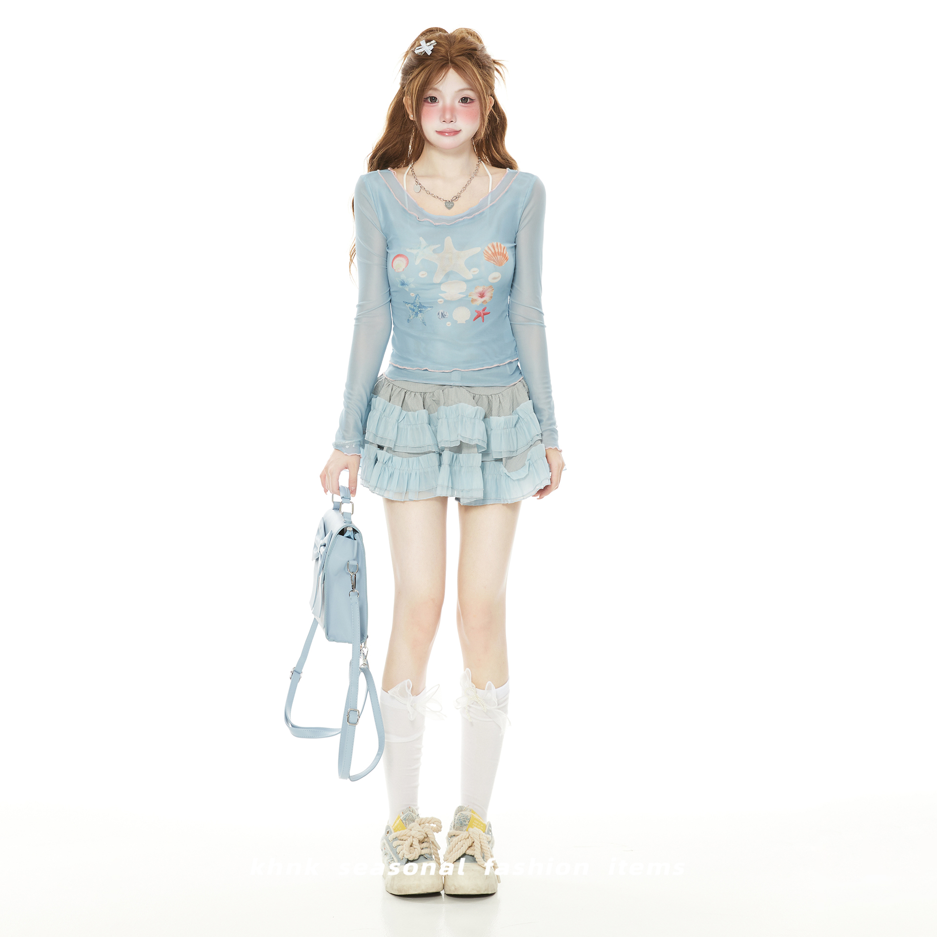 贝壳海星印花木耳边长袖T恤女生春秋款休闲假两件网纱薄款上衣