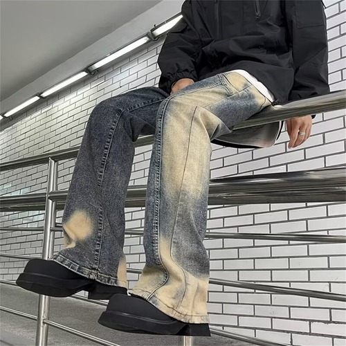 American-style vintage patchwork irregular yellow-dyed denim jeans | Men's and women's relaxed-fit, figure-flattering, flowy high-street micro-flare trousers