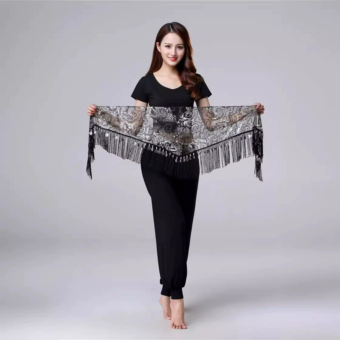 Новый стиль танца живота талия цепи с блестками кисточки бедра платье платье монета треугольное полотенце талия латинский танцевальный пояс