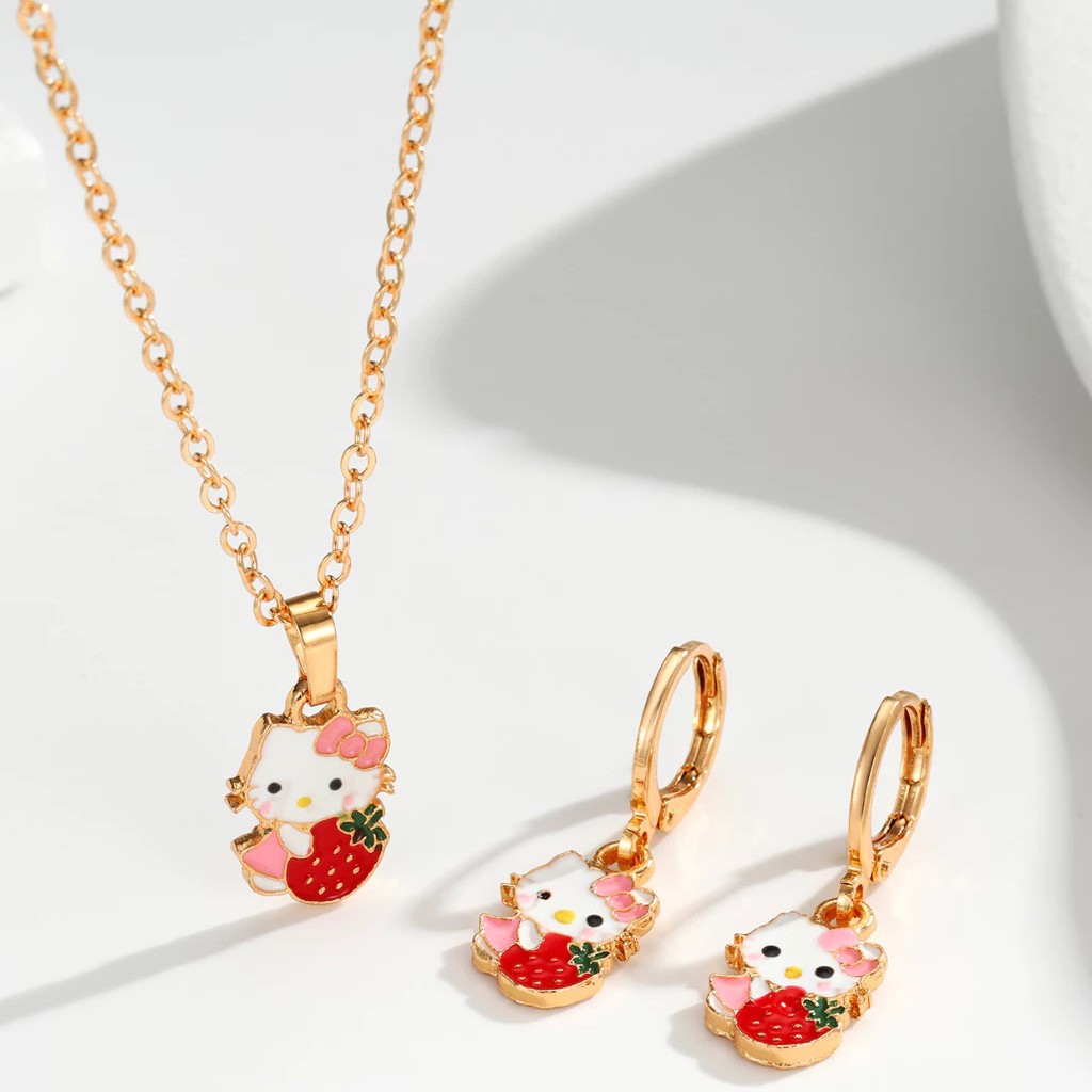 Transfronterizos lindos dibujos animados goteo de aceite colorido oso princesa Kitty gato pendientes collar para niños regalos juegos de joyas