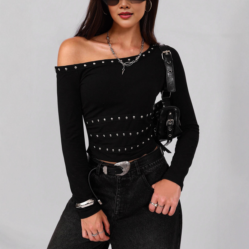 European and American Cross-Border Amazon 2026 New Style Spicy Girl One-Shoulder Collar Metal Webbing Studded Slim-Fit T-Shirt