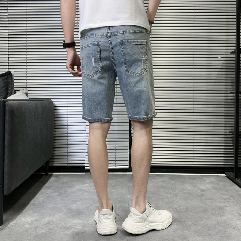 Jean déchiré tendance personnalité short d'été décontracté mince homme court bleu clair pantalon mi-long_voghion.com