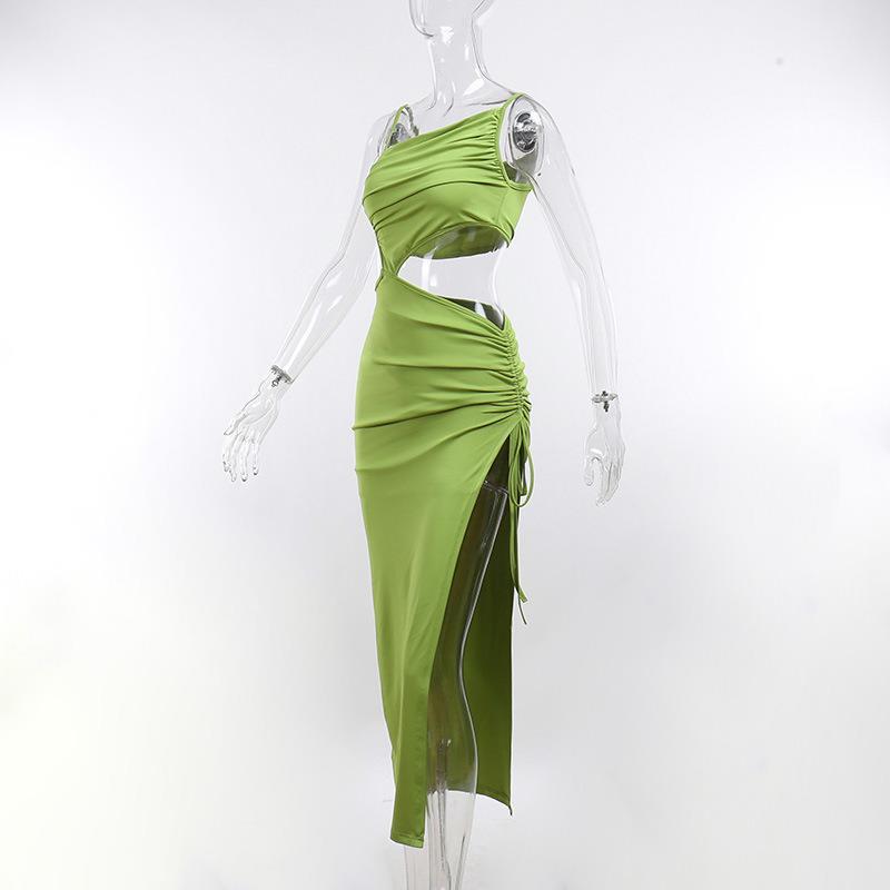 Pleated, Hollow Out Design Wholesale Women's Elegant Sexy Pleated Hollow Out Solid Color Holiday Cocktail Party Oblique Collar Sleeveless Slit Dress