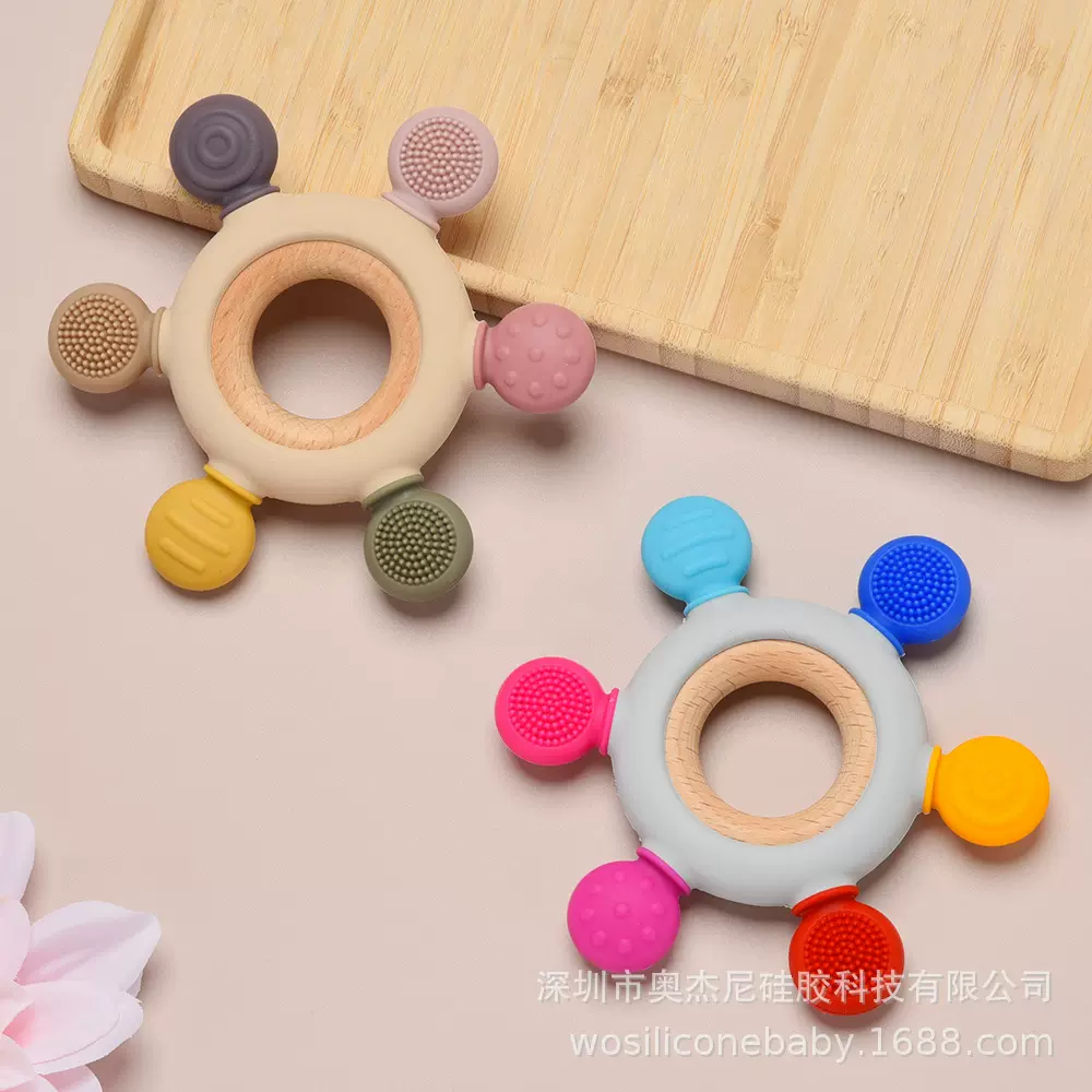 现货跨境爆款六指牙胶婴儿食品级硅胶磨牙棒儿童手抓船舵玩具牙胶