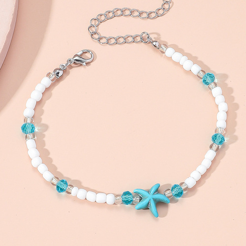 New Style Hot Selling in Europe and America Beach Summer Vacation Style Light Blue Glass Crystal Bead Anklet Stone Starfish Pendant 