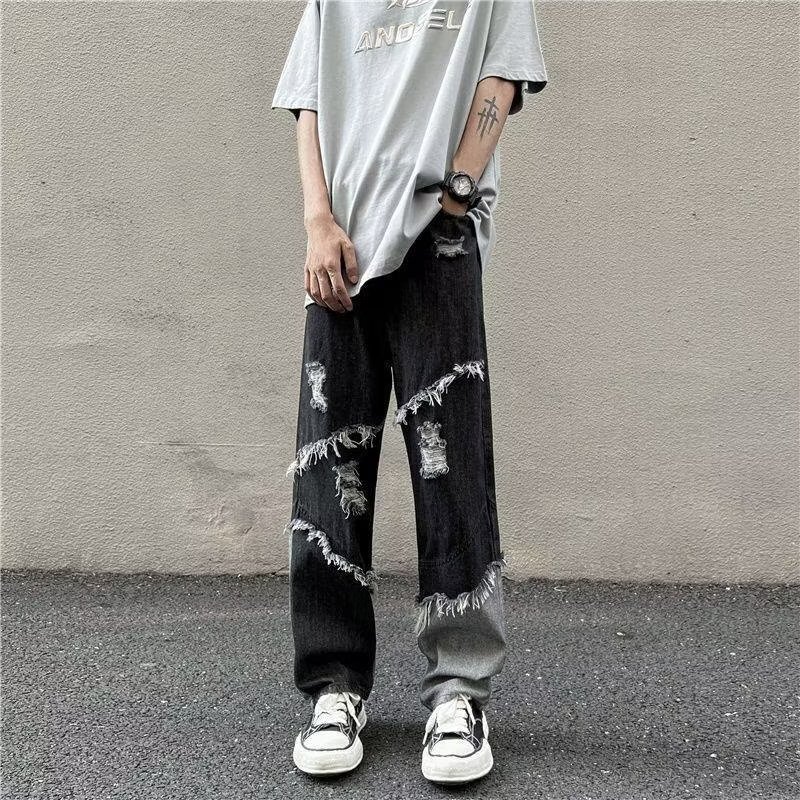 Trendy Brand Puppies Handsome Ripped Jeans Men's Retro American Fashion Stitching Frog Edge Loose Bf Casual Wide Leg Pants