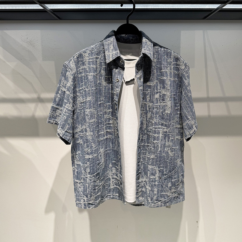 Denim shirt men's short sleeve fashion brand high-end sense 2025 summer new fashion jacquard casual suit shirt coat