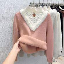 加绒加厚毛衣女士秋冬装半高领一体绒打底衫内搭2023新款蕾丝