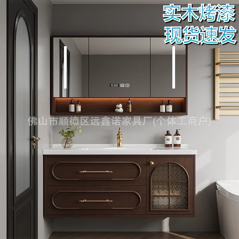 Retro Oak Bathroom Cabinet French Washbasin Bathroom Smart Bathroom Washbasin Cabinet Combination Ceramic Integrated Basin