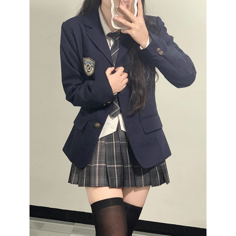 JK 유니폼 세트 세트 재킷 여성 대학 스타일 귀여운 격자 원피스 세트 봄과 가을 3 피스 세트 여성 의류