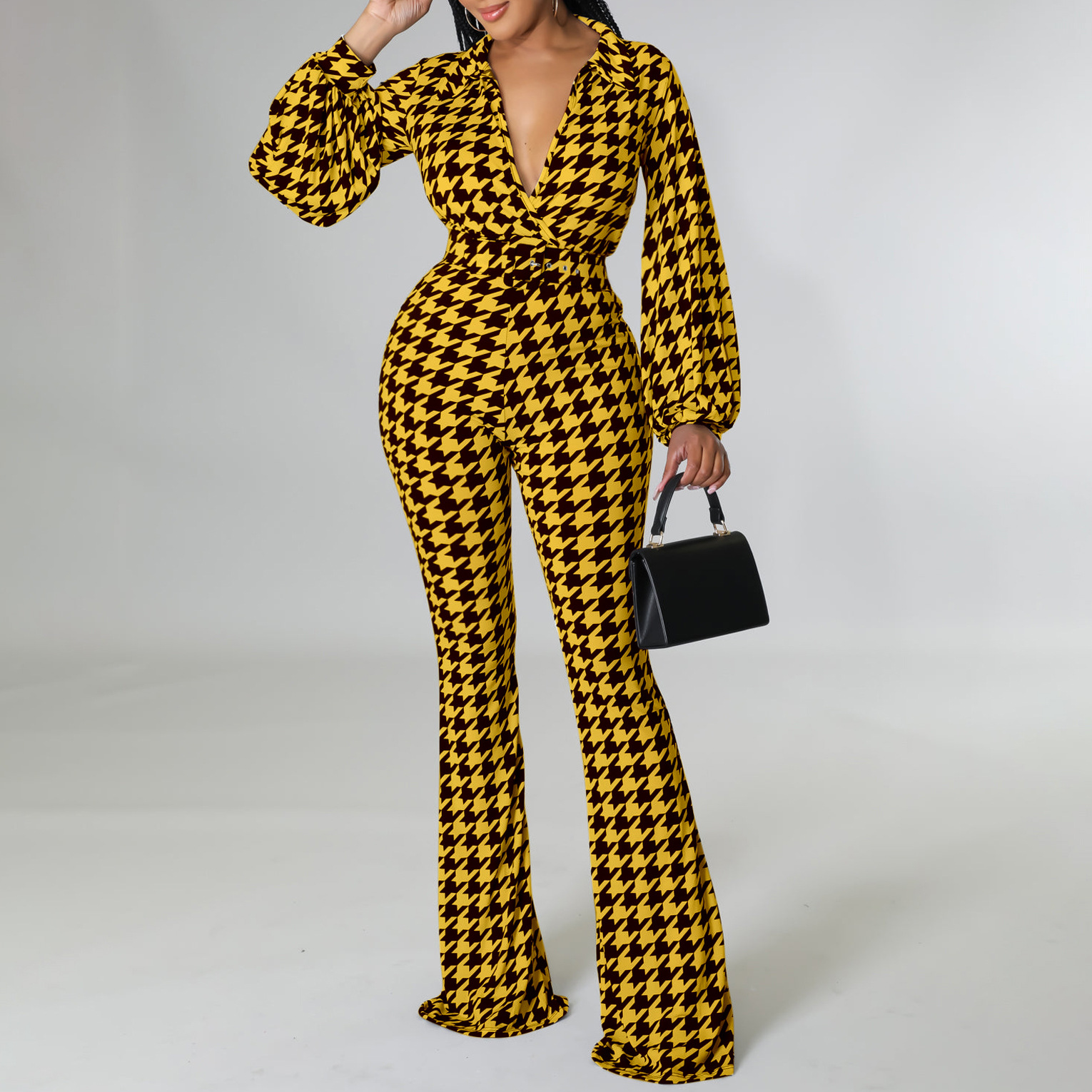 C8559 ropa de mujer transfronteriza 2023 Otoño e Invierno Nuevo cuello en V puff manga cintura apretada impresa pierna ancha más tamaño mono africano