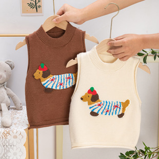 Boys and Girls Knitted Vest Autumn and Winter New Outer Wear Vest Cartoon Striped Dachshund Vest