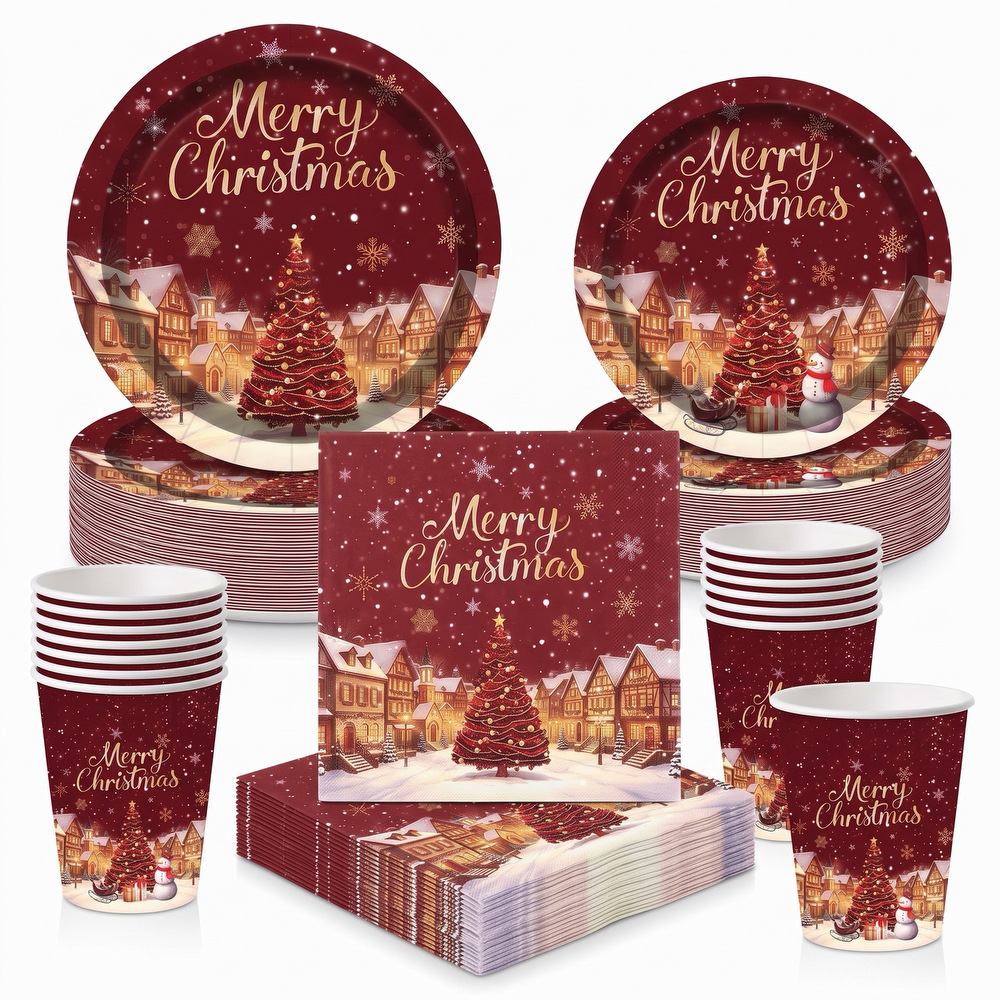 Wine-red and gold Christmas party set, featuring a European-style snowscape design, including disposable paper plates, cups, and napkins for festive dining