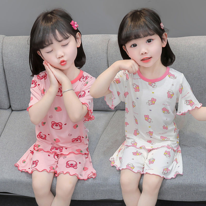 Girls Modal Short Sleeve Shorts Pajamas Baby Girl Lace Cartoon Print Home Clothes Children's Summer Suit New