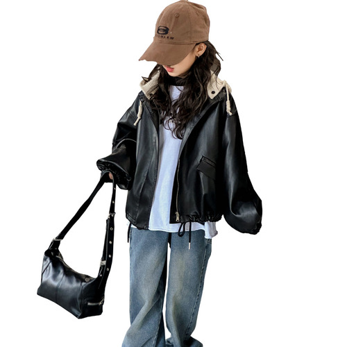 Girls' spring coat new style medium and large children's style loose spring and autumn leather jacket little girl's versatile hooded motorcycle jacket