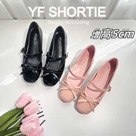 小个子内增高女鞋仙女风漆皮蝴蝶结一字带芭蕾鞋配裙子