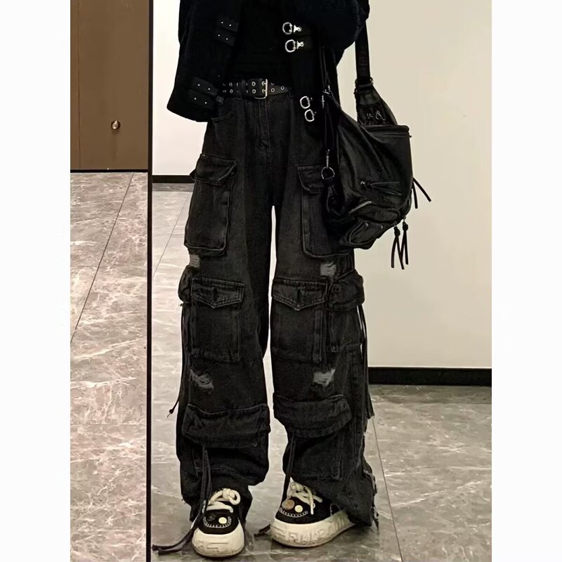 American Style High Street Retro Design Sense Multi-Pocket Logging Tooling Jeans Women's Ripped Loose Wide Leg Pants