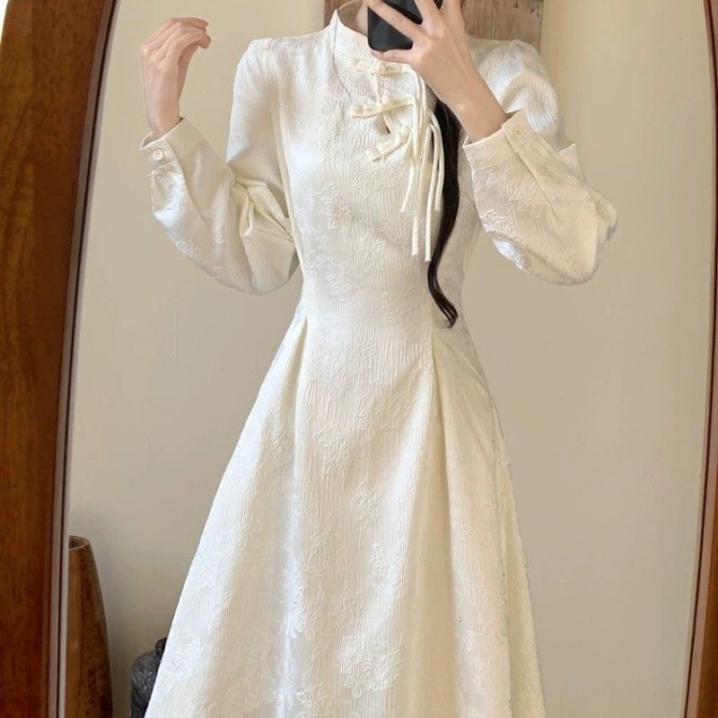 New Chinese-Style Improved Cheongsam Jacquard Dress, Thickened and Warm for Autumn and Winter, Vintage Elegant National Style High-End Dress