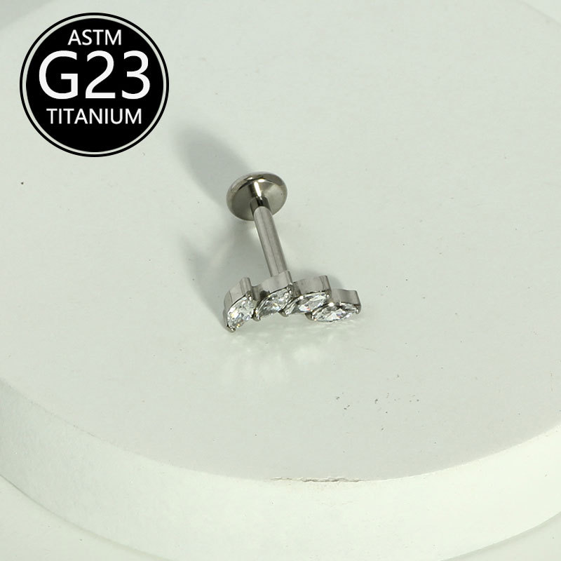 F136 Titanium Micro-Inlaid Zirconia Four-Prong Flat-Bottom Internally Threaded Lip Stud Cartilage Ear Bone Stud Lip Ring detail image 5