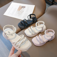 女童涼鞋24夏季新款羅馬涼鞋中大童女孩珍珠公主鞋兒童防滑沙灘鞋