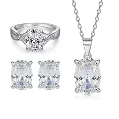 New Arrival European & American Style Jewelry Set with Oval Zircon Pendant Necklace, S925 Sterling Silver Ring & High-End Women's Ear Studs