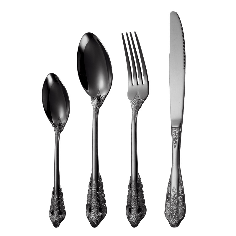 Corte cuchillo de acero inoxidable, tenedor y cuchara europeo retro alivio creativo occidental cuchillo de carne, tenedor y cuchara hotel vajilla traje