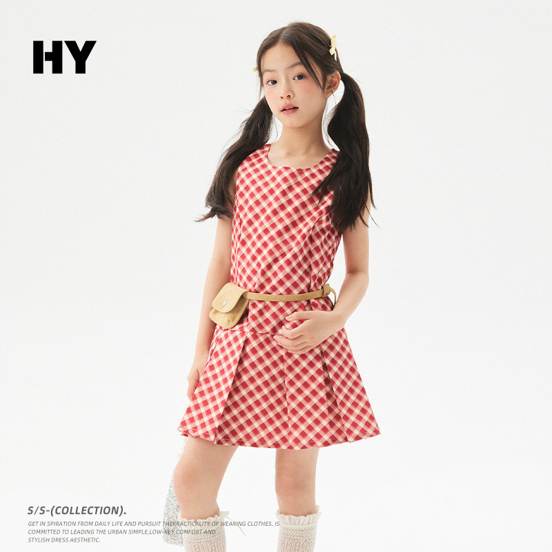 Girls' Plaid Dress 2026 Summer New Korean Style Children's Clothing Casual Pleated Skirt for Older Kids Trendy