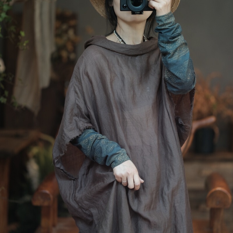 Little Mud Girl Original Design Artistic Retro Pure Ramie Loose Frayed Hem Robe Dress 1992 Fine Linen Coffee Little Mud Girl Original Design Artistic Retro Pure Ramie Loose Frayed Hem Robe Dress 1992 Fine Linen Coffee