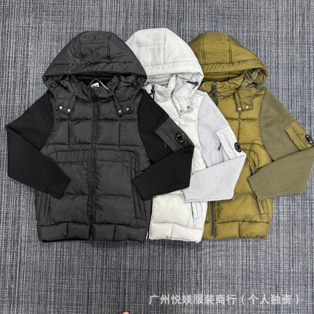 Cross-border autumn and winter bestseller CP COMPANY men's and women's transparent lens sleeve pocket patchwork knitted hooded quilted jacket