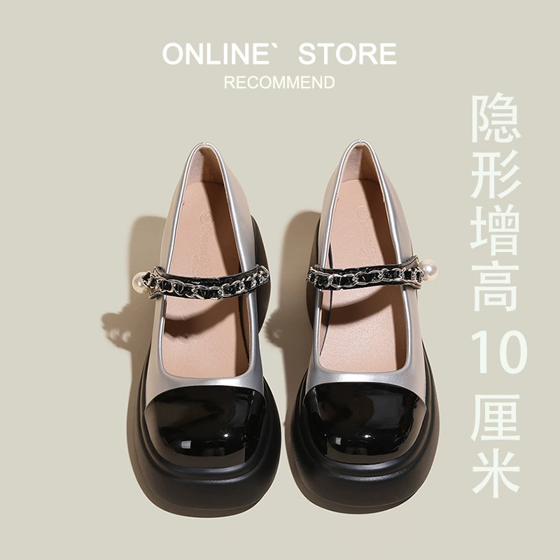 Серебряные туфли на высоком каблуке для женщин, новинка 2025 года, увеличивающие рост, во французском вечернем стиле, на толстой подошве, туфли Мэри Джейн на высоком каблуке