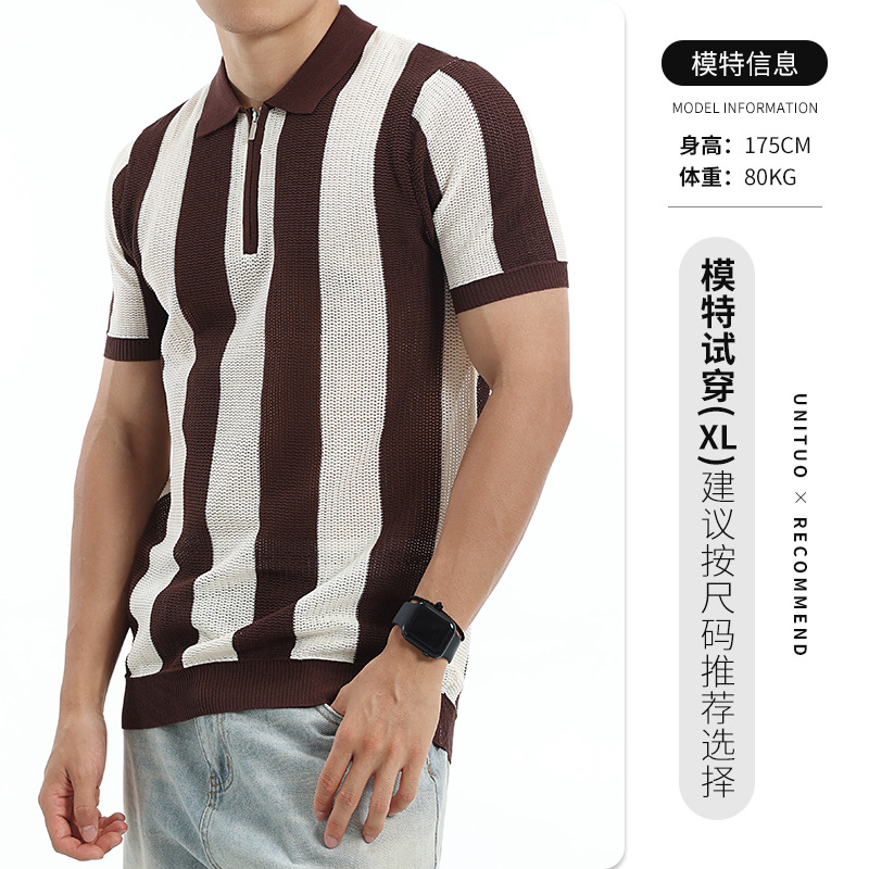 Europa y los Estados Unidos transfronterizos para hombres colores contrastantes rayas verticales jersey polo seda de hielo semia cremallera collar manga corta hombre de negocios casual