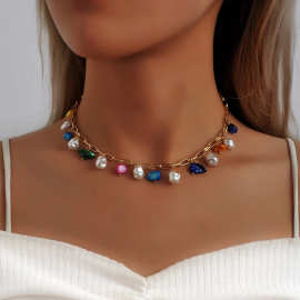 田园民族风彩色松石百搭项链女欧美跨境复古叠戴珍珠甜酷锁骨链