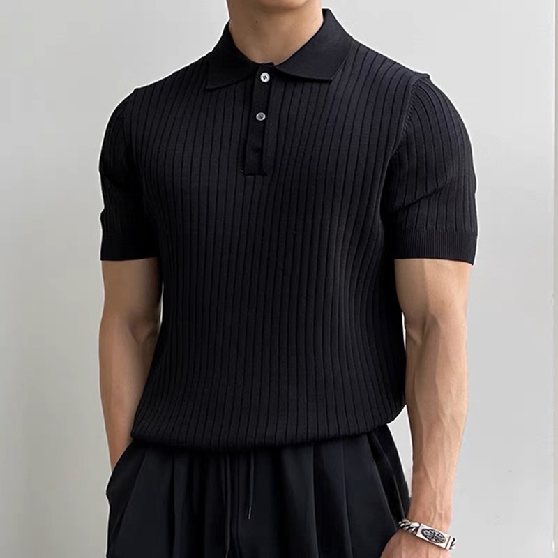 Polo da uomo slim fit – T-shirt estiva in maglia in stile coreano (M-3XL, nero/verde/caffè)_voghion.com
