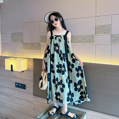 女童連衣裙2024夏裝新款兒童吊帶女孩裙子夏季時髦沙灘裙時髦長裙