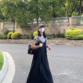 夏季吊带长裙黑色气质宽松系带度假法式裙子超显瘦a字连衣裙女潮
