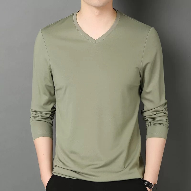 2024 long-sleeved T-shirt men's spring and autumn thin slim casual autumn bottoming V-neck pullover T-shirt inner wear
