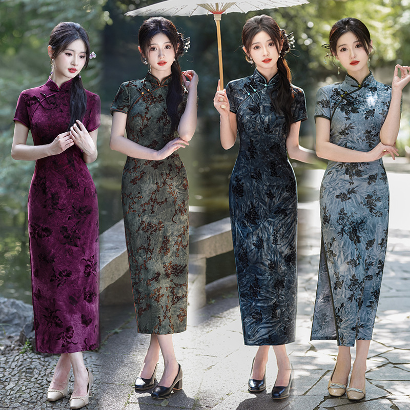 National Style 2026 Summer and Autumn New Improved Velvet Qipao New Chinese Style Plus Size Long Dress for Wedding Banquet, Mother's Performance, Wholesale National Style 2026 Summer and Autumn New Improved Velvet Qipao New Chinese Style Plus Size Long Dress for Wedding Banquet, Mother's Performance, Wholesale