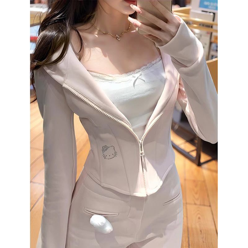甜美修身鱼骨粉色运动休闲套装女春季2025新款短款卫衣长裤两件套|undefined