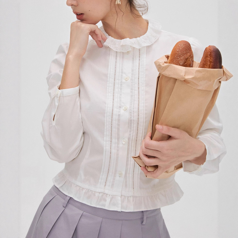 /Corange/'Amber Time' Retro Showa Layered Lace Collar Slim Shirt White/Navy Blue