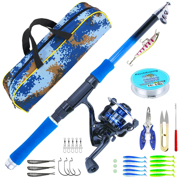 1.8M telescopic rod set, featuring a novel color scheme, includes a fishing rod, reel, and tackle box, perfect for sea fishing. A beginner's fishing gear set