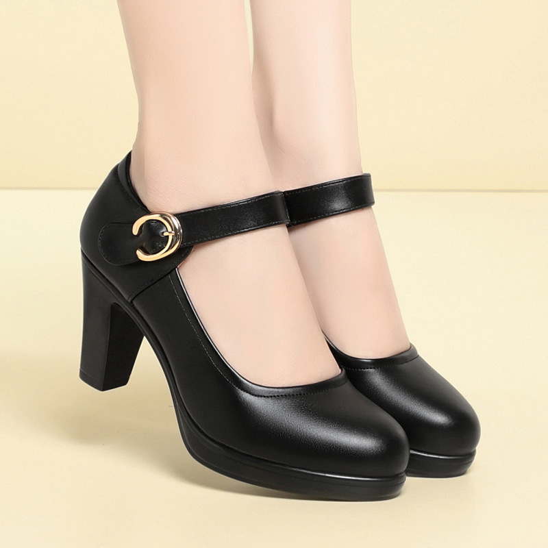 Velcro Thick High Heel Shoes Spring and Summer New Shallow Mama Shoes Soft-top Fashion Leather Shoes Soft-leather Comfortable Dancing Shoes