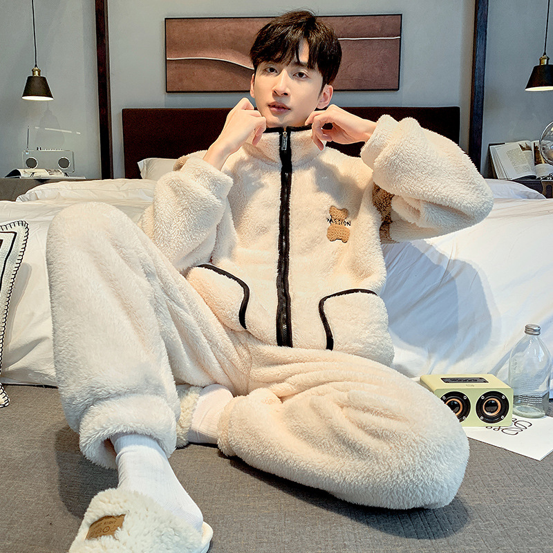 Invierno Nueva cremallera de cuello alto de los hombres más el tamaño de la franela prendas de vestir exteriores de manga larga pantalones de lana de coral cálido homewear