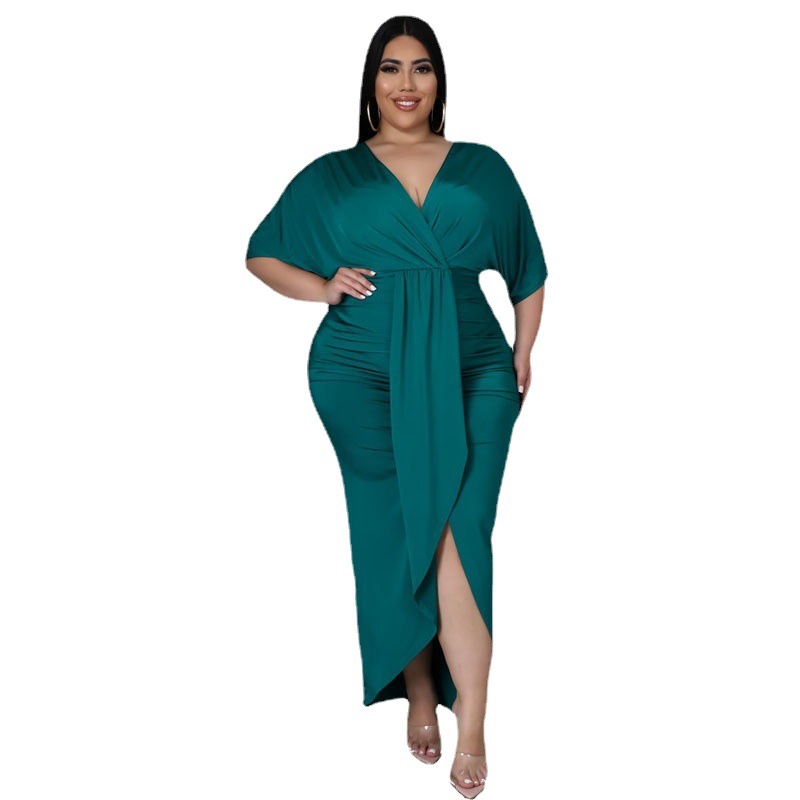 Vestido elegante de manga corta verde para primavera y otoño, falda irregular de color sólido, vestido versátil de talla grande para la hora del té.