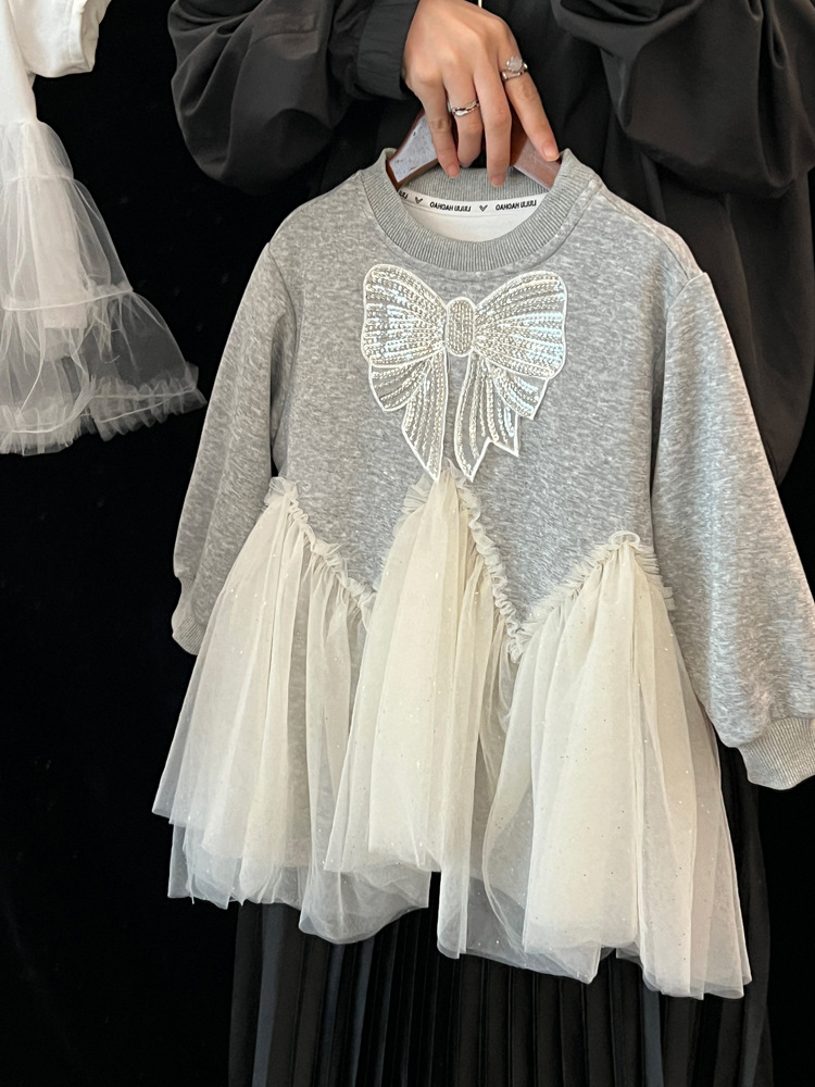 Vestido de niñas 2025 primavera extranjera bebé arco regalete vestido de malla para niños camiseta