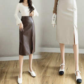 美拉德皮裙半身裙中长款秋冬新款高腰显瘦开叉黑色百搭包臀pu裙子