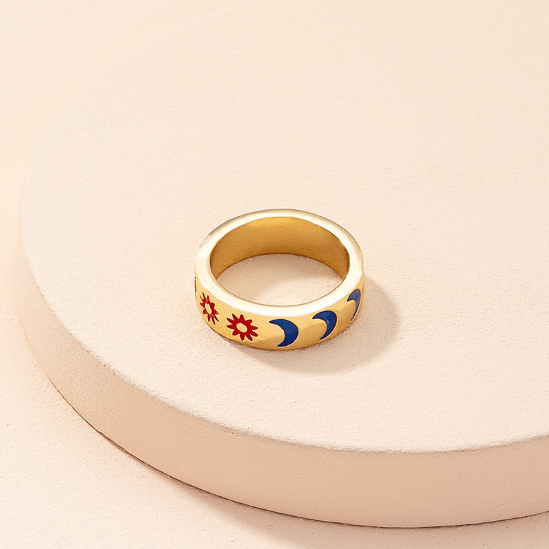 Europäische Und Amerikanische Accessoires Großhandel 2021 Neue Farbe Tropfen Öl Sonnen Ring Weibliche Retro Herbst Design Mond Ring display picture 3