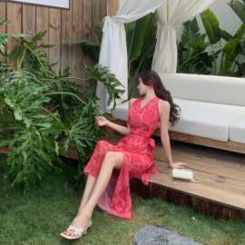 夏季新款樱落 气质无袖挂脖交叉系带连衣裙度假长裙 内有衬裙批发